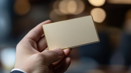 Business Card Mockup,  A hand presenting an elegant business card with gold edges, set against a blurred professional background for a high-end look