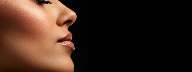 Fototapeta premium A woman's face, closely framed Black eyeliner delineates her eyes Mascara inadvertently smudged on the bridge of her nose against a back