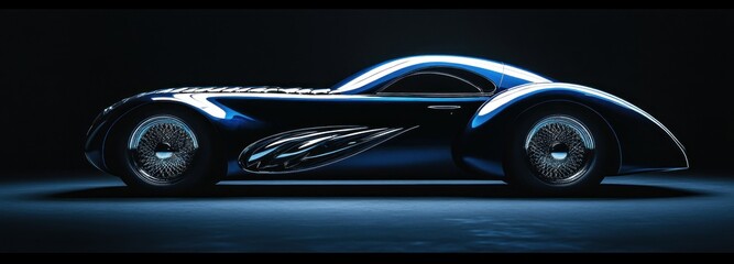 A Sleek Blue Vintage Car with Chrome Wheels Under a Dark Sky