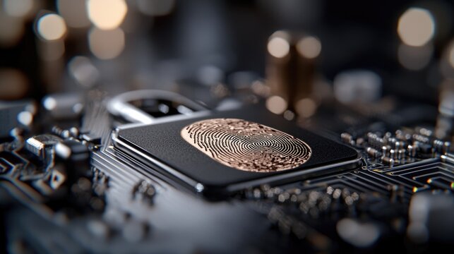 Cyber protection: visual of a secure padlock, digital fingerprint trail, data protection with a digital lock symbol, network connectivity on mobile device, enhanced cybersecurity for banking systems.