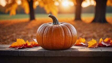 Autumn Pumpkin on Stone Wall with Fallen Leaves