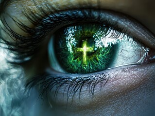 a human eye with a glowing cross reflected in the pupil, symbolizing faith and spirituality.