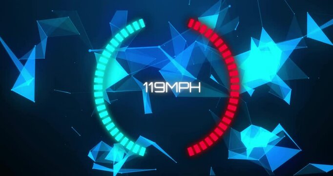 Speedometer animation showing 90 MPH over blue geometric shapes