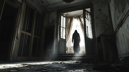 A ghostly figure emerging from an old, abandoned mansion, with tattered curtains blowing in the wind, cracked windows, and eerie light filtering through, haunted and chilling atmosphere