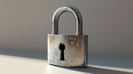 Naklejka premium A close-up view of a shiny metallic padlock, standing on a surface with soft lighting accentuating its features and keyhole
