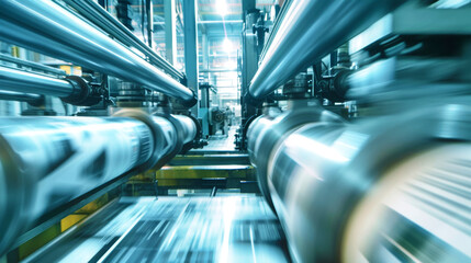 Fototapeta premium Two steel fingers gently squeeze paper as a vibrant blur of newspaper rolls and machines creates an energetic atmosphere in the printing factory