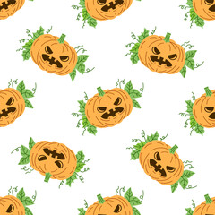 Vector flat style Halloween seamless pattern. Hand-drawn scary pumpkins. Element for labels, packaging and cards design.