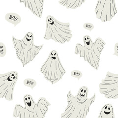 Flat style ghost seamless pattern. Scary white ghost. Happy Halloween. Cute vintage spooky character. Vector illustration for posters, decoration and print.