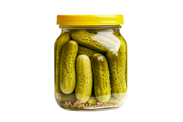 Jar of pickled cucumbers with metal lid isolated on white transparent background. Concept of preserved food and homemade pickles