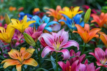 Fototapeta premium Vibrant array of lilies blooming in a garden, showcasing their beautiful colors