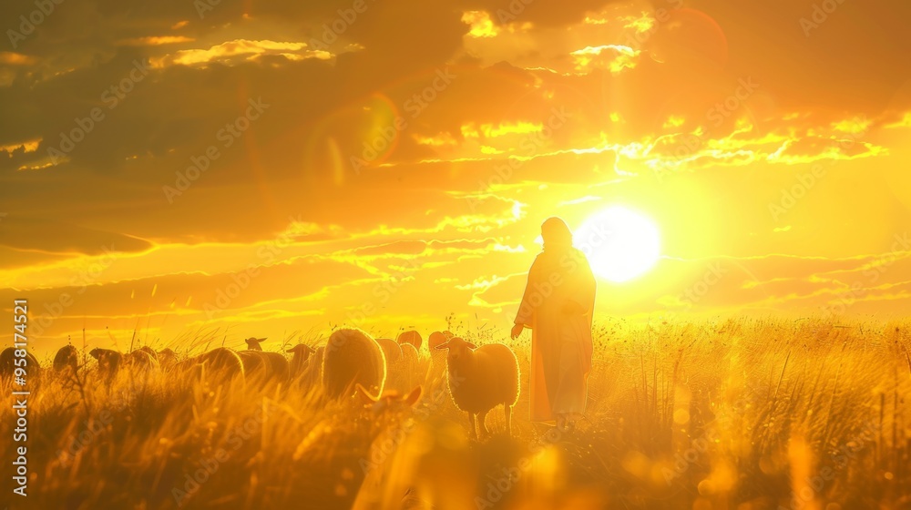 Poster a man is leading a flock of sheep in a field