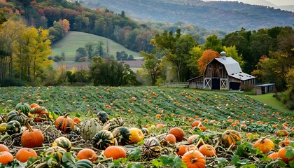 A picturesque farm scene with a barn surrounded by fields of ripe pumpkins and squash set against a backdrop of rolling hills and autumn foliage