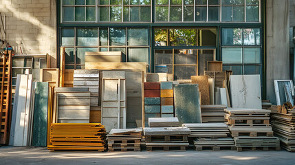 urban mining zero waste, sorted piles of construction materials windows wood bricks steel concrete, sustainable material recycling, reuse architecture, city sustainability, life cycle