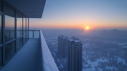 Winter morning from a high rise balcony, the city below blanketed in snow and a pale winter sun rising