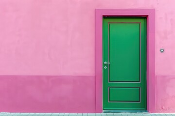 A striking green door stands against a vivid pink wall, setting the stage for an engaging open house. The clean background enhances the doors inviting charm, beckoning visitors to step inside.