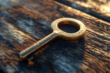 A close-up image of a vintage key resting on a textured wooden surface, showcasing its golden hue and intricate details illuminated by soft lighting