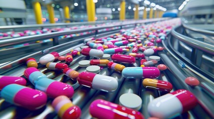 Obraz premium Photo of a pills production line in action with colorful and various capsule medicines on the conveyor belt, taken from a high angle shot with natural light and cinematic lighting