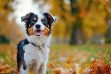 A cheerful and friendly dog standing in an autumn park, surrounded by vibrant fallen leaves, enjoying the outdoors.