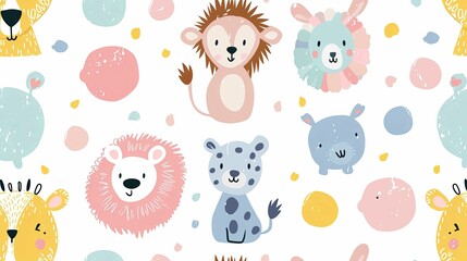 Colorful Seamless Pattern with Cute Cartoon Animals and Abstract Shapes