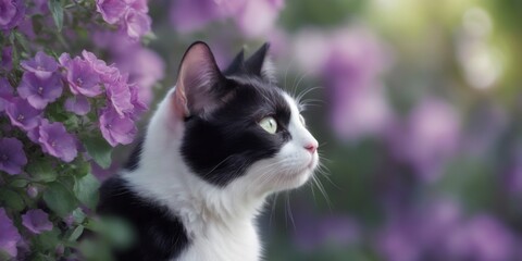 Black and white cat in bed with purple flowers, ears perked, eye