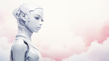 A white futuristic robot on a background of pastel pink watercolor clouds