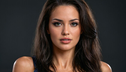 Naklejka premium Portrait visage femme brune belle sexy beauté modèle mannequin studio cheveux longs marron.