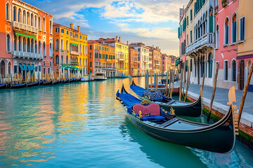 Obraz premium Gondolas in Venice Canal with Colorful Buildings and Blue Sky
