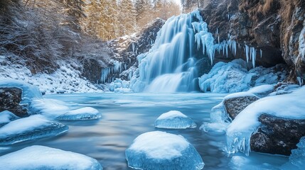 Frozen waterfall cascading over icy rocks in a tranquil winter forest