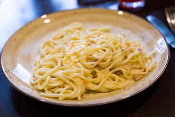 Traditional italian pasta carbonara on a plate
