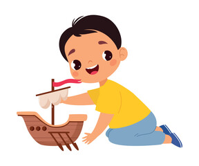 Boy Character Play Toy Wooden Boat on Floor Vector Illustration