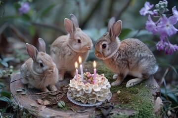 Fototapeta premium In a serene forest glade, three fluffy rabbits gather around a beautifully decorated cake, glowing candles flickering in the soft light. A joyful birthday celebration unfolds among the greenery.