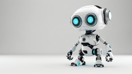 A white robot with blue eyes and glowing lights standing against a white background.