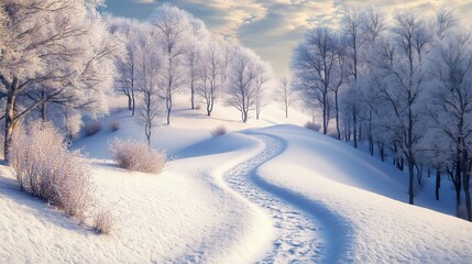 Snow covered hills with a winding path leading through a peaceful winter forest