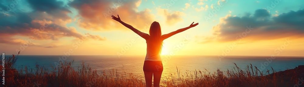 Wall mural woman silhouette with arms raised at sunset over ocean photo