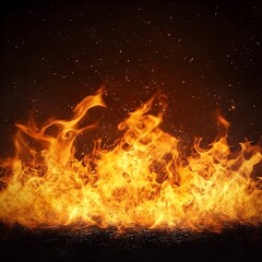 Fototapeta premium and Dramatic Burning Flames with Bright Orange and Yellow Fiery Textures Isolating on Dark Background