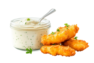 Crispy golden fish fillets garnished with parsley, accompanied by creamy tartar sauce in a glass jar with a spoon isolated on a white transparent background. Concept of seafood meal and condiments