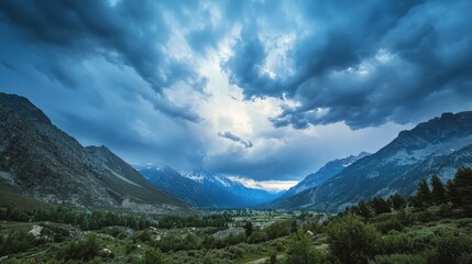 Fototapeta premium Dramatic sky shift over a serene mountain range transitioning from sunny to stormy intense cloud formations