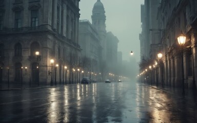 Obraz premium Night scene of city street with wet roads, cars, tall ornate bui