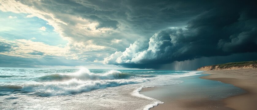 Coastal landscape transforming from bright sunny day to moody thunderstorm rolling waves and dark clouds