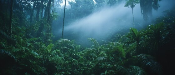 Fototapeta premium Lush rainforest moving from a humid sunny day to a heavy downpour with thick mist rising