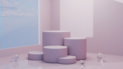 Pink podium geometric platform with window 3d render stand for cosmetic presentation. Abstract elements