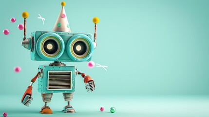 A cartoon robot wearing a party hat.