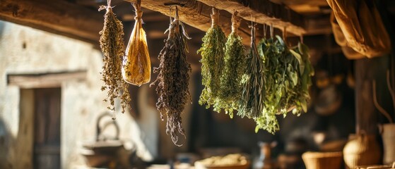 Dried herbs hanging from wooden beams in a rustic kitchen old-world charm natural health practices