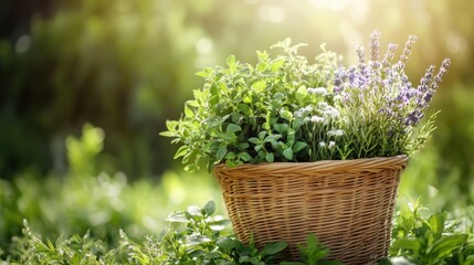 Freshly harvested herbs in wicker basket with morning dew natural healing outdoor scene countryside