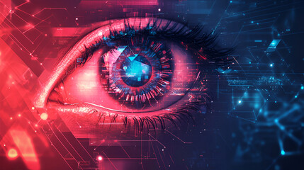 Human eye with a captivating blue tech data visualization concept,Eye in futuristic cyberspace,  abstract background, 3D rendering
