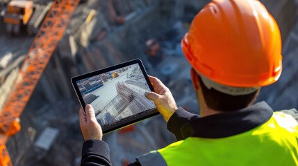 An engineer with a tablet monitors construction site operations with cranes and loaders visible, capturing the essence of field engineering