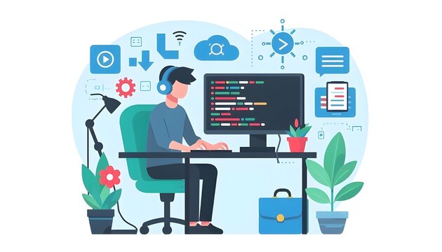 Flat vector illustration of a programmer coding on laptop 