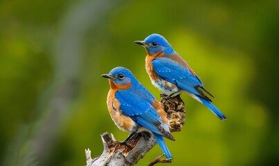 Two male bluebirds on perch. 