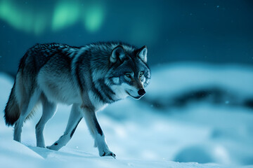 Fototapeta premium Wolf Walking in Snowy Landscape with Northern Lights