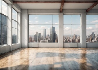 Fototapeta premium City View from Spacious Room with High Ceiling, Wood Beams, Whit